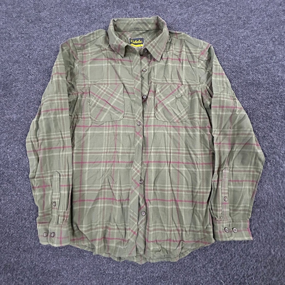 Cabela's Flannel Shirt Womens Size S Green Pink Plaid Long Sleeve Button Down